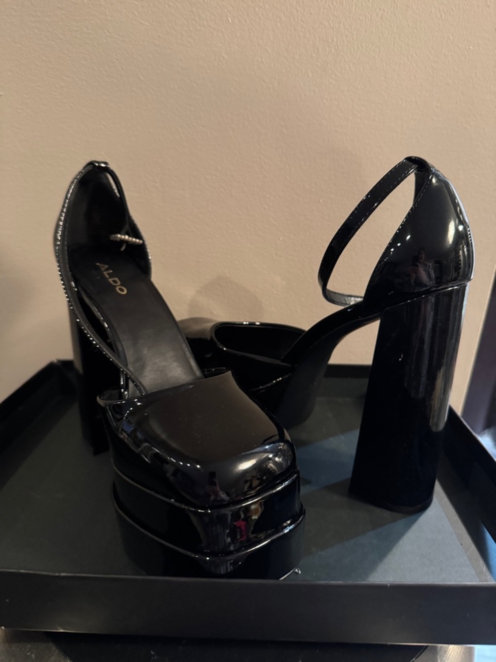 Aldo Black Patent Platform Block Heel Sandals with Ankle Strap